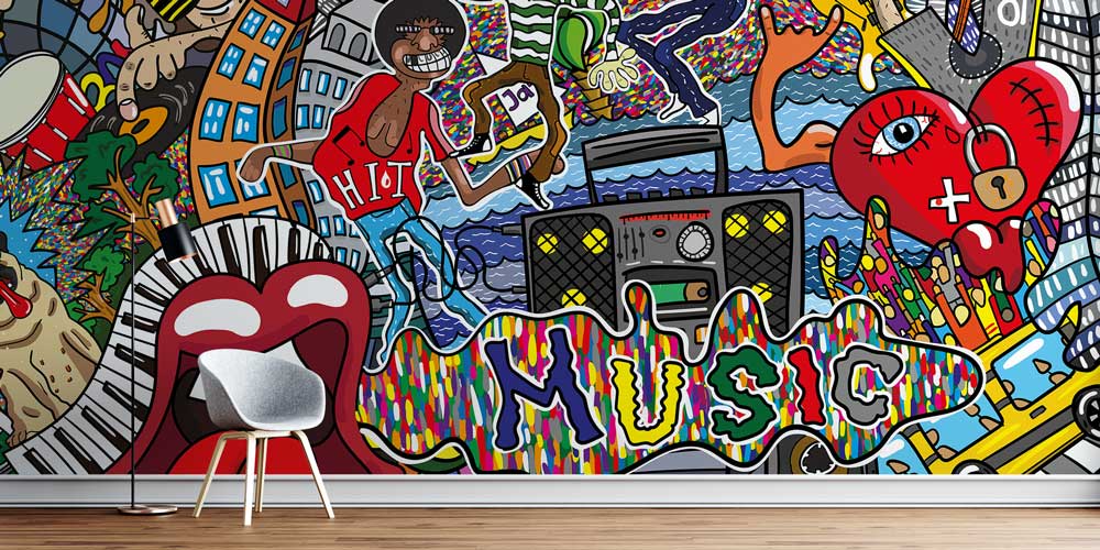 Müzik Temalı Renkli Grafiti Duvar Kağıdı 5010