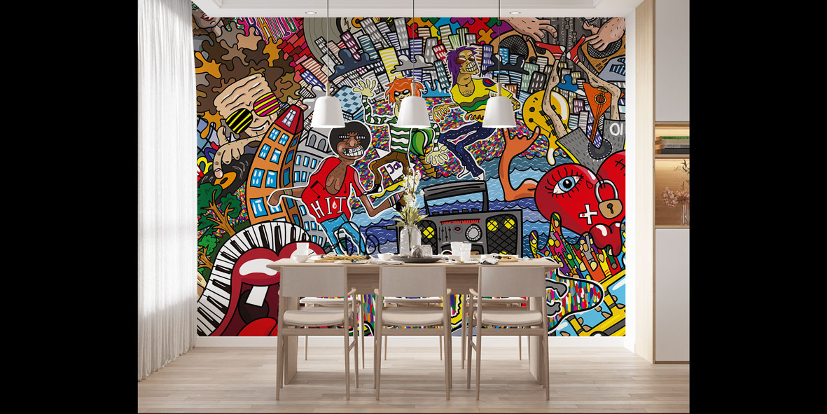 Müzik Temalı Renkli Grafiti Duvar Kağıdı 5010