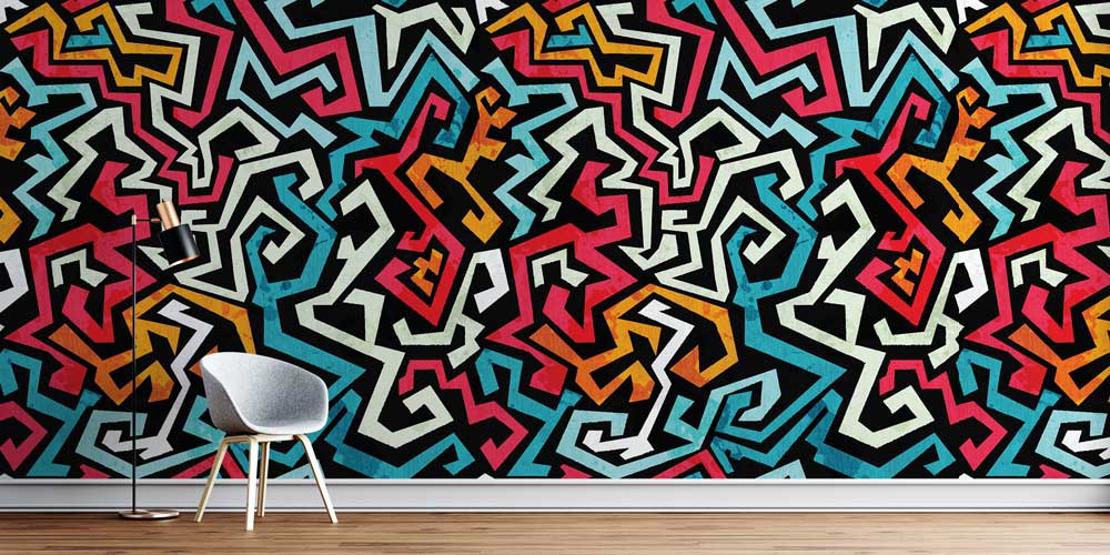 Renkli Geometrik Labirent Desenli Soyut Duvar Kağıdı 5017