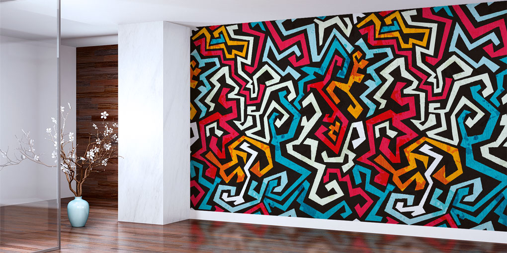 Renkli Geometrik Labirent Desenli Soyut Duvar Kağıdı 5017