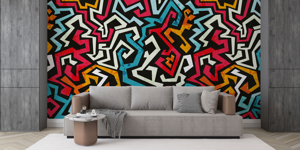 Renkli Geometrik Labirent Desenli Soyut Duvar Kağıdı 5017