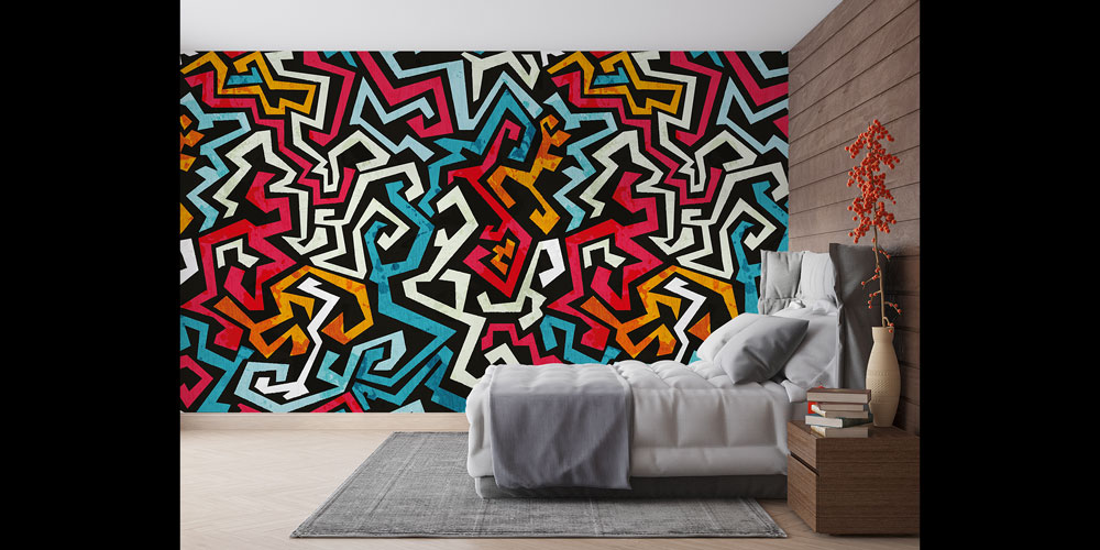 Renkli Geometrik Labirent Desenli Soyut Duvar Kağıdı 5017