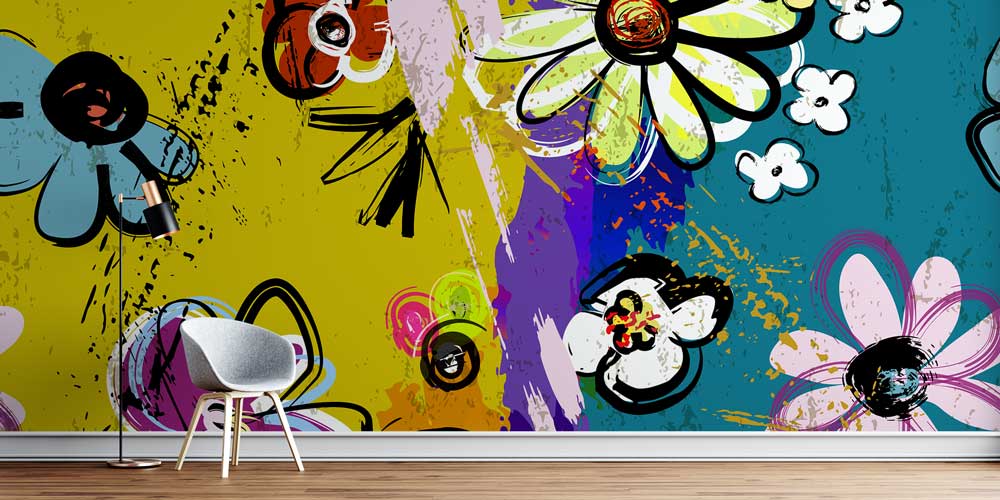 Renkli Çiçek İllüstrasyonlu Grafiti Duvar Kağıdı 5018