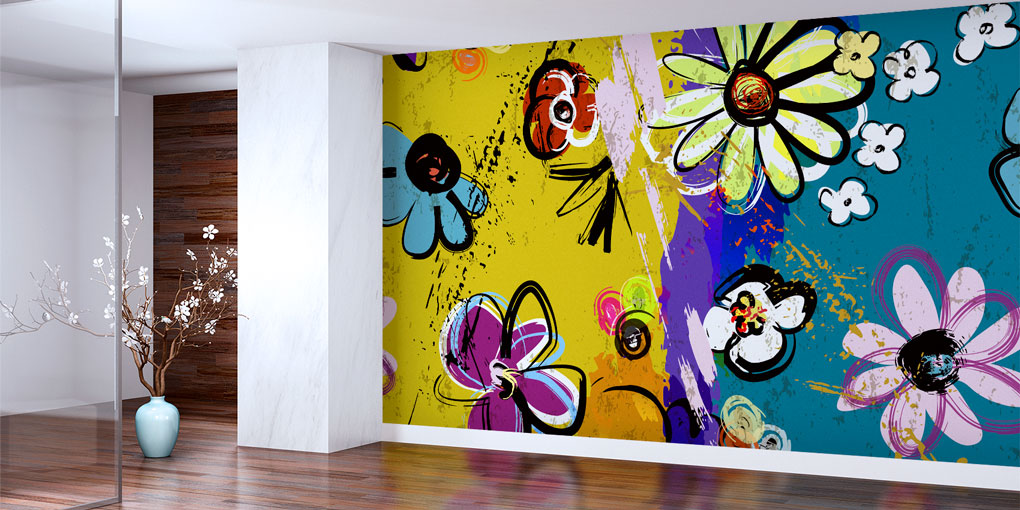 Renkli Çiçek İllüstrasyonlu Grafiti Duvar Kağıdı 5018