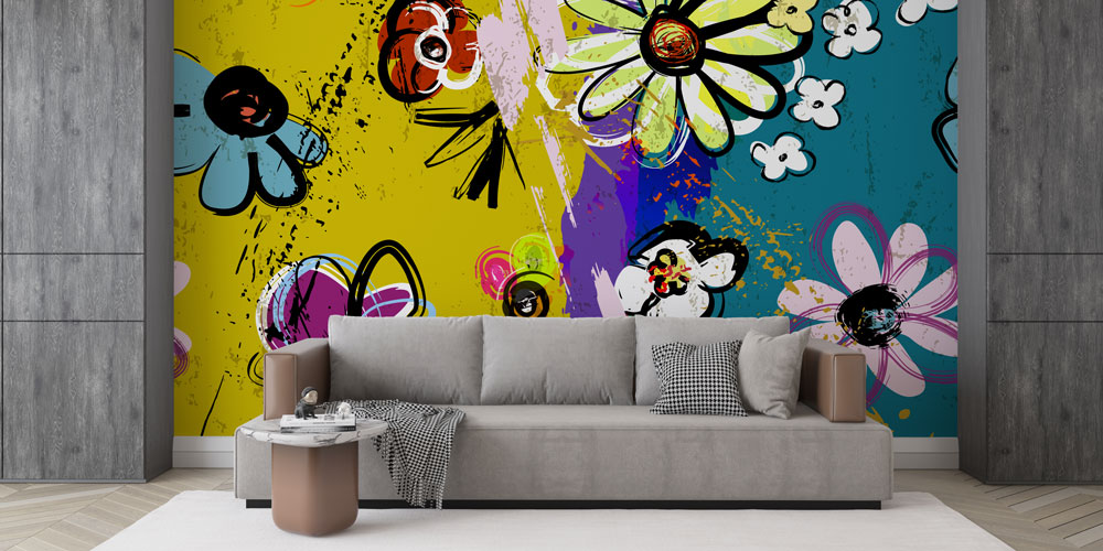 Renkli Çiçek İllüstrasyonlu Grafiti Duvar Kağıdı 5018