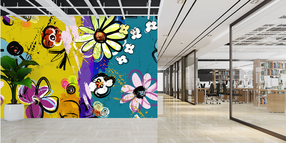 Renkli Çiçek İllüstrasyonlu Grafiti Duvar Kağıdı 5018