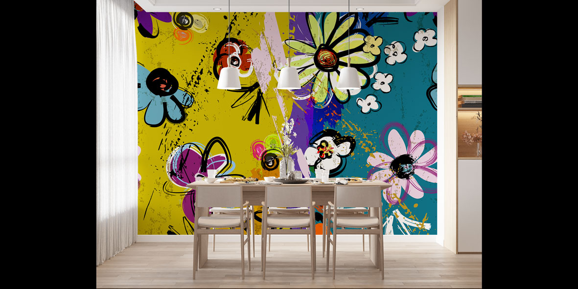 Renkli Çiçek İllüstrasyonlu Grafiti Duvar Kağıdı 5018