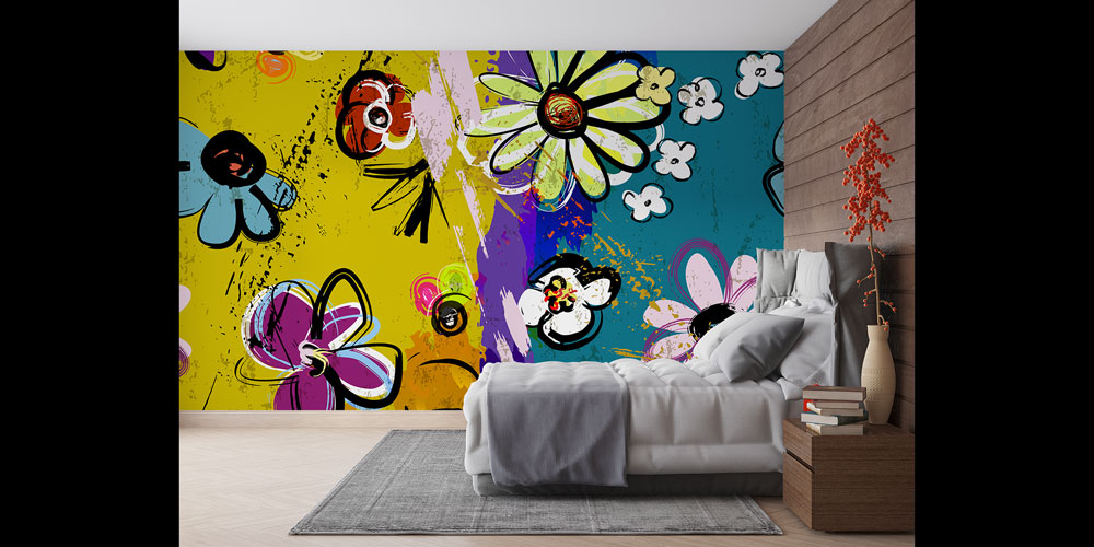 Renkli Çiçek İllüstrasyonlu Grafiti Duvar Kağıdı 5018