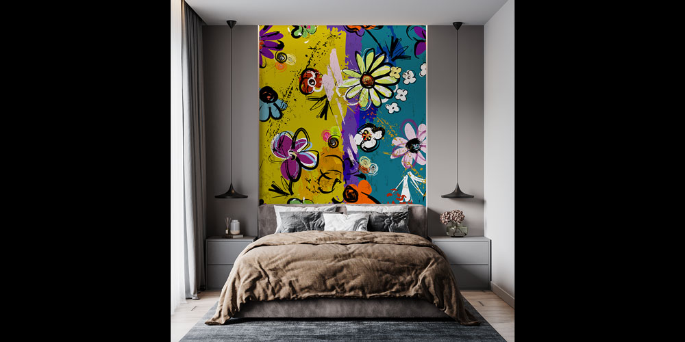 Renkli Çiçek İllüstrasyonlu Grafiti Duvar Kağıdı 5018