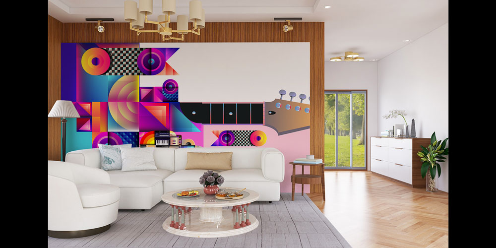 Geometrik Gitar Temalı Modern Duvar Kağıdı 5074