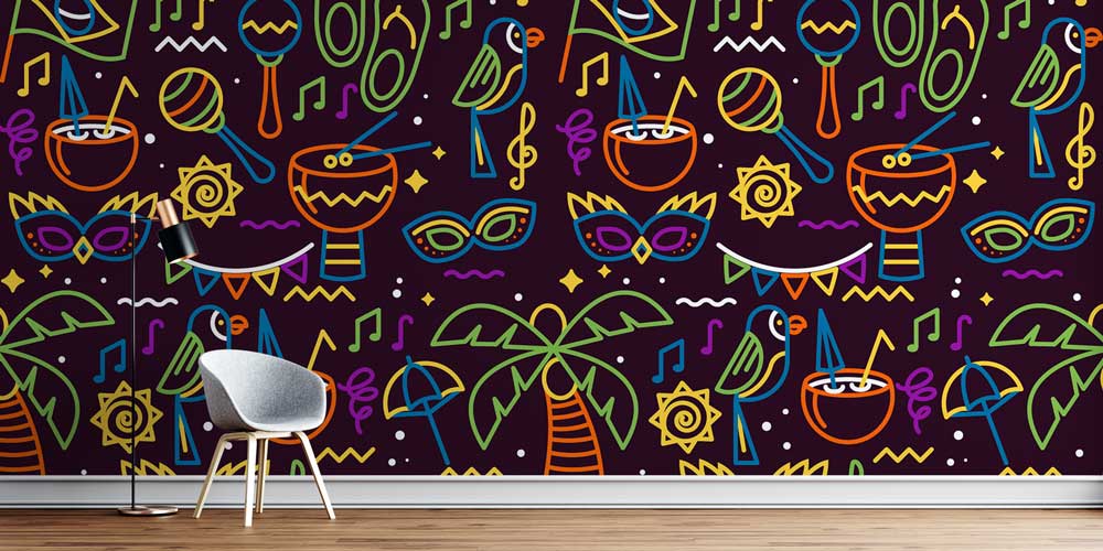 Neon Müzik ve Tropikal Desenli Renkli Duvar Kağıdı 5076