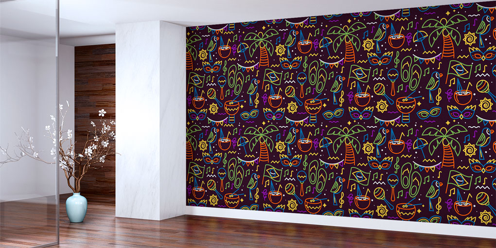 Neon Müzik ve Tropikal Desenli Renkli Duvar Kağıdı 5076