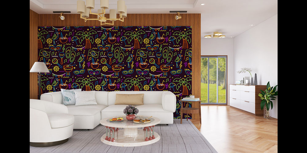 Neon Müzik ve Tropikal Desenli Renkli Duvar Kağıdı 5076