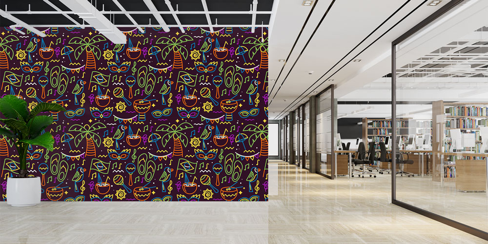 Neon Müzik ve Tropikal Desenli Renkli Duvar Kağıdı 5076