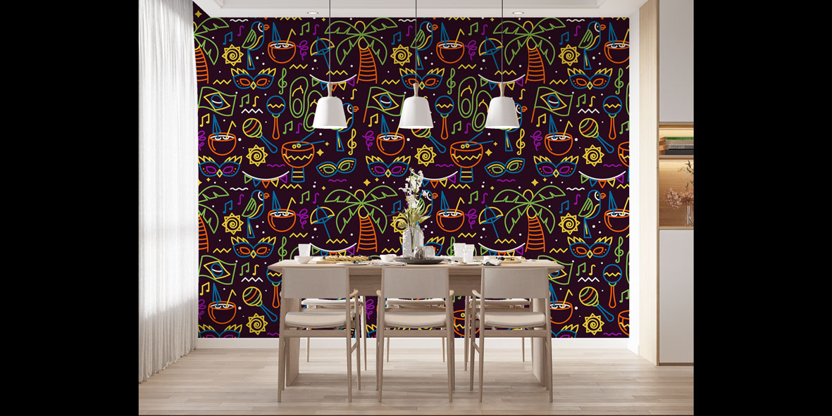 Neon Müzik ve Tropikal Desenli Renkli Duvar Kağıdı 5076