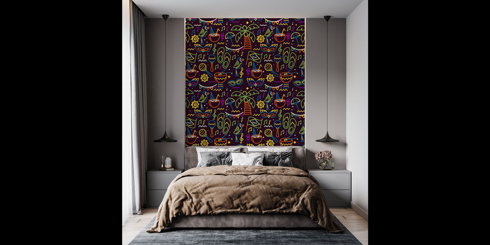 Neon Müzik ve Tropikal Desenli Renkli Duvar Kağıdı 5076