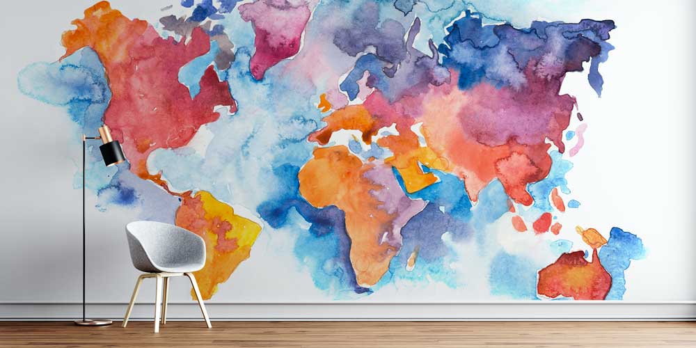 Pastel Sulu Boya Dünya Haritası Harita Sanatı Duvar Kağıdı 5118