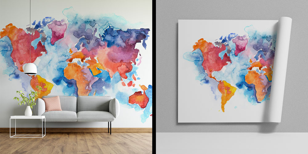 Pastel Sulu Boya Dünya Haritası Harita Sanatı Duvar Kağıdı 5118