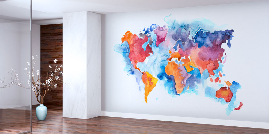 Pastel Sulu Boya Dünya Haritası Harita Sanatı Duvar Kağıdı 5118