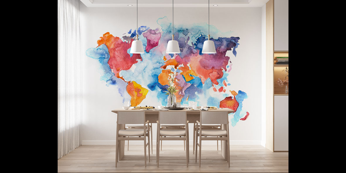 Pastel Sulu Boya Dünya Haritası Harita Sanatı Duvar Kağıdı 5118