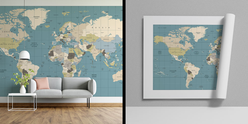 Gridli Detaylı Dünya Haritası Harita Sanatı Duvar Kağıdı 5131