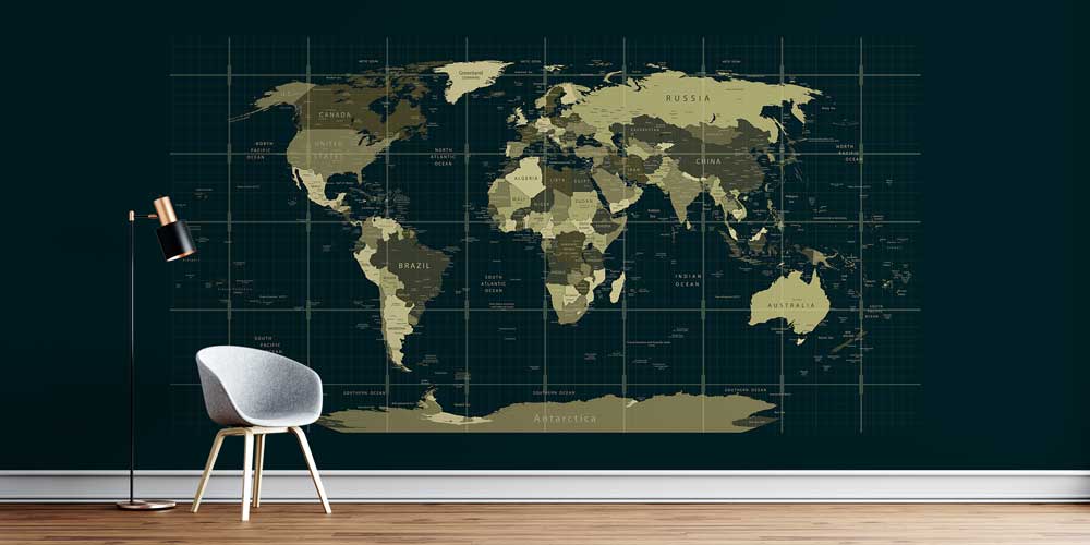 Koyu Zemin Gridli Prestij Dünya Haritası Harita Sanatı Duvar Kağıdı 5132