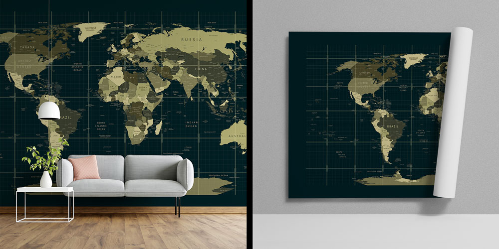 Koyu Zemin Gridli Prestij Dünya Haritası Harita Sanatı Duvar Kağıdı 5132