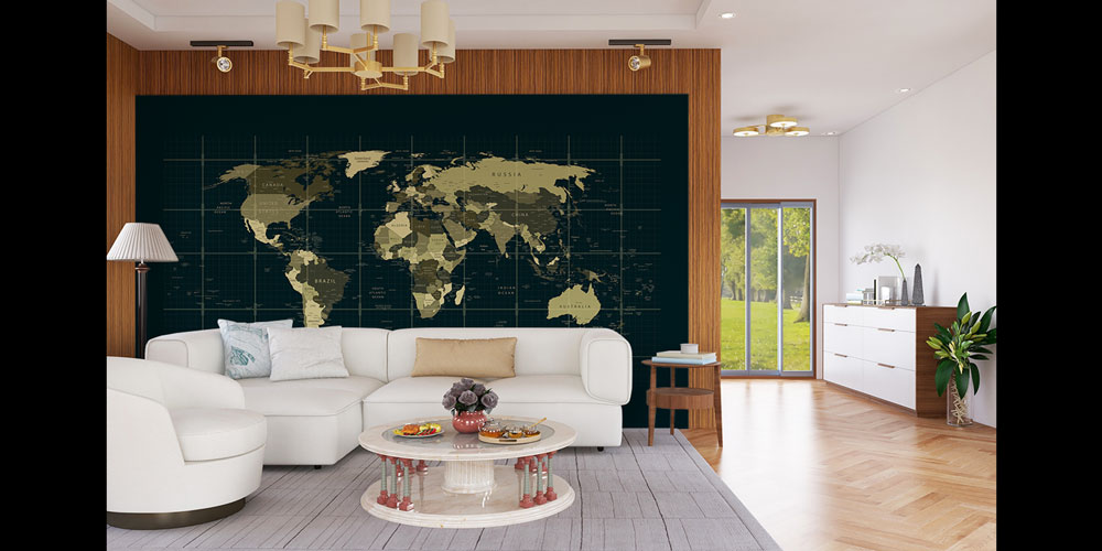 Koyu Zemin Gridli Prestij Dünya Haritası Harita Sanatı Duvar Kağıdı 5132