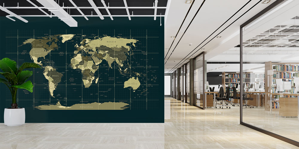Koyu Zemin Gridli Prestij Dünya Haritası Harita Sanatı Duvar Kağıdı 5132