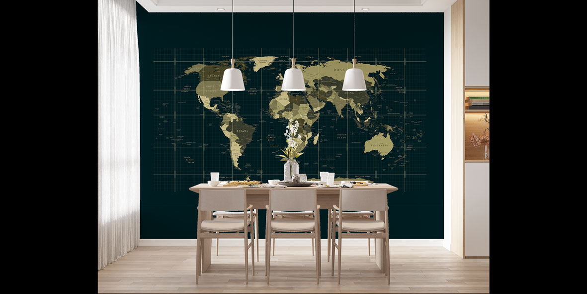 Koyu Zemin Gridli Prestij Dünya Haritası Harita Sanatı Duvar Kağıdı 5132