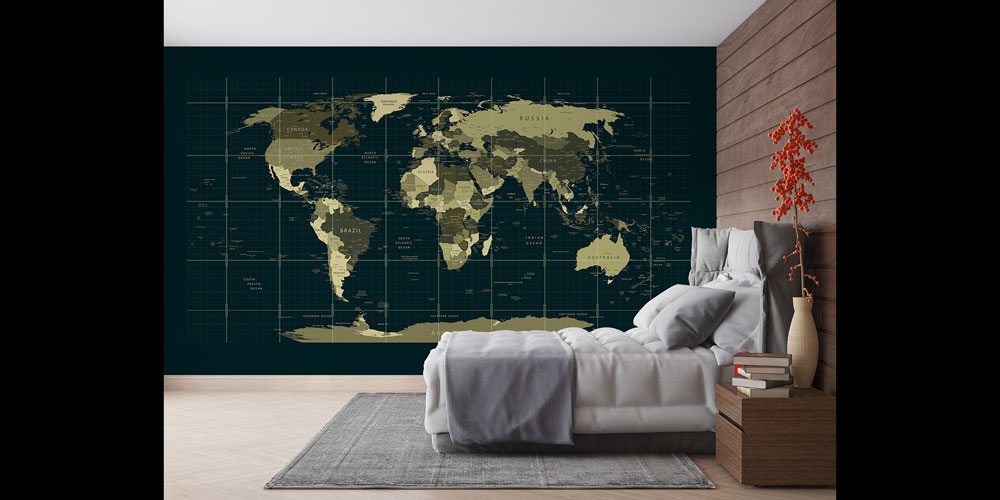 Koyu Zemin Gridli Prestij Dünya Haritası Harita Sanatı Duvar Kağıdı 5132
