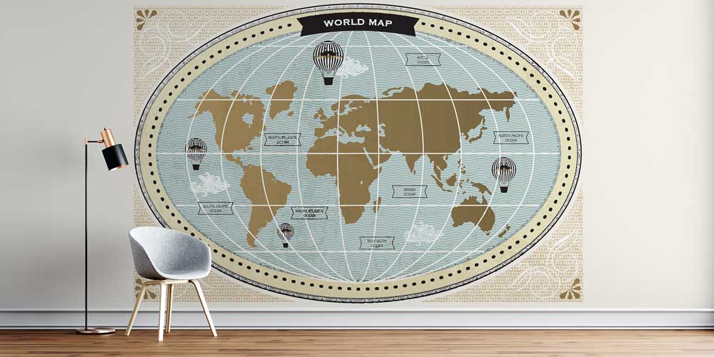 Oval Vintage Dünya Haritası Harita Sanatı Duvar Kağıdı 5134