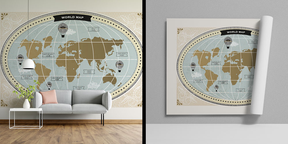 Oval Vintage Dünya Haritası Harita Sanatı Duvar Kağıdı 5134