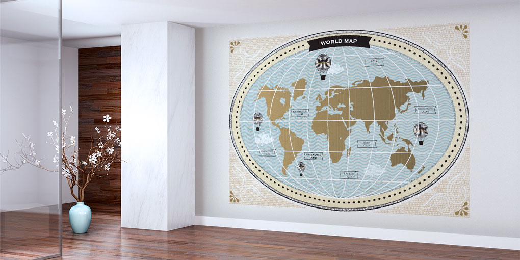 Oval Vintage Dünya Haritası Harita Sanatı Duvar Kağıdı 5134