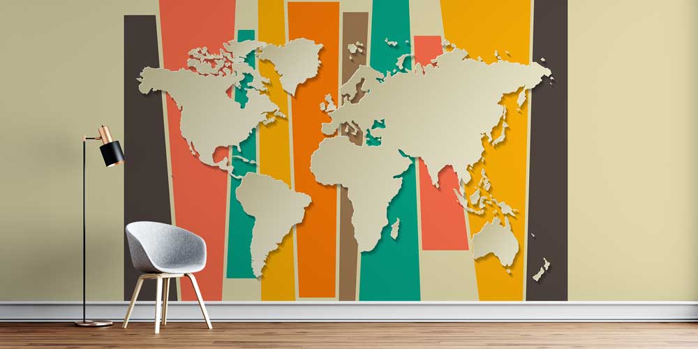 Retro Renk Bloklu Kabartma Dünya Haritası Harita Sanatı Duvar Kağıdı 5135
