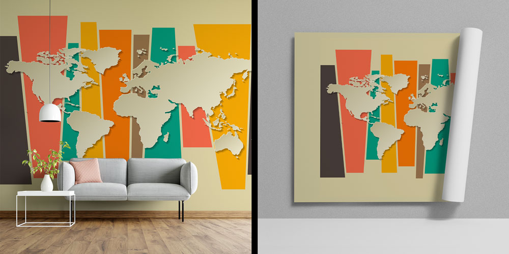 Retro Renk Bloklu Kabartma Dünya Haritası Harita Sanatı Duvar Kağıdı 5135