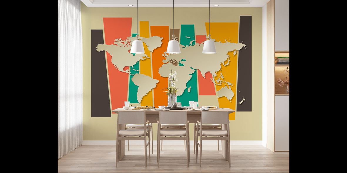 Retro Renk Bloklu Kabartma Dünya Haritası Harita Sanatı Duvar Kağıdı 5135