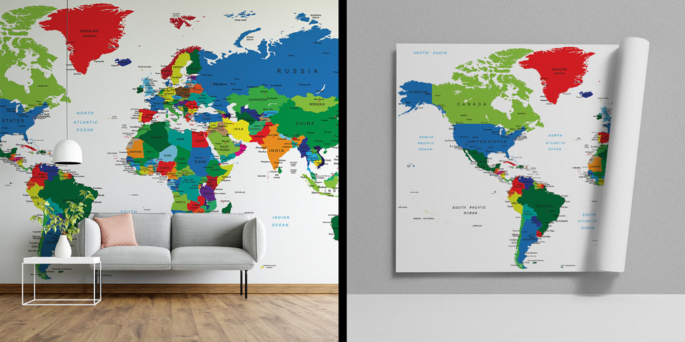 Renk Kodlu Detaylı Siyasi Dünya Haritası Harita Sanatı Duvar Kağıdı 5137