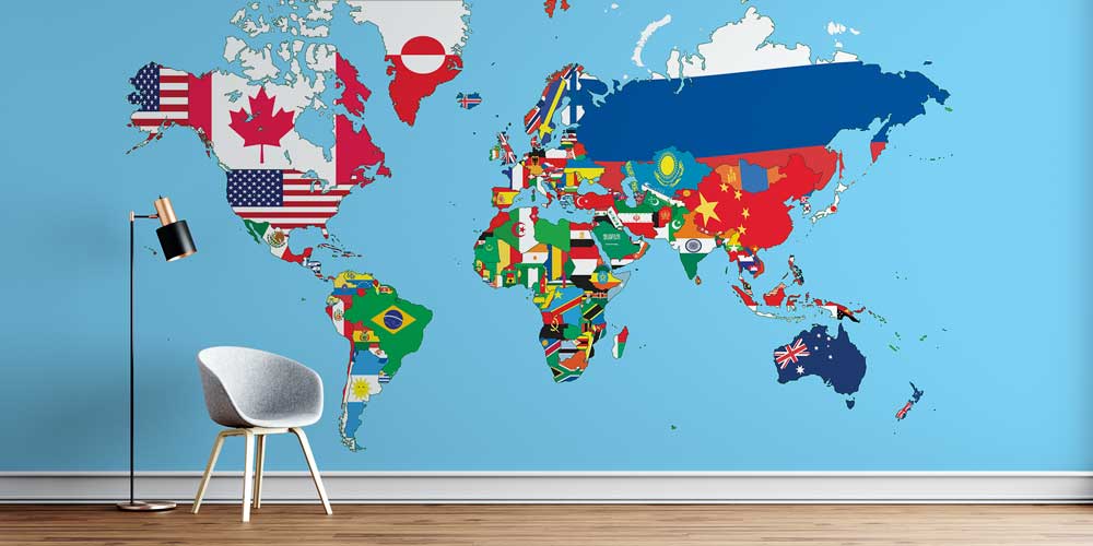 Bayrak Desenli Dünya Haritası Harita Sanatı Duvar Kağıdı 5138