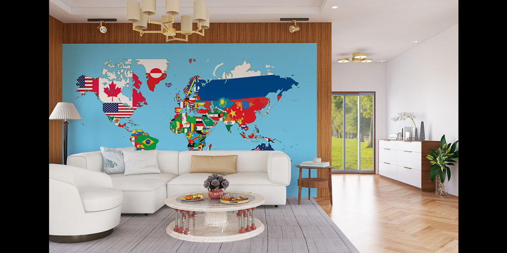 Bayrak Desenli Dünya Haritası Harita Sanatı Duvar Kağıdı 5138