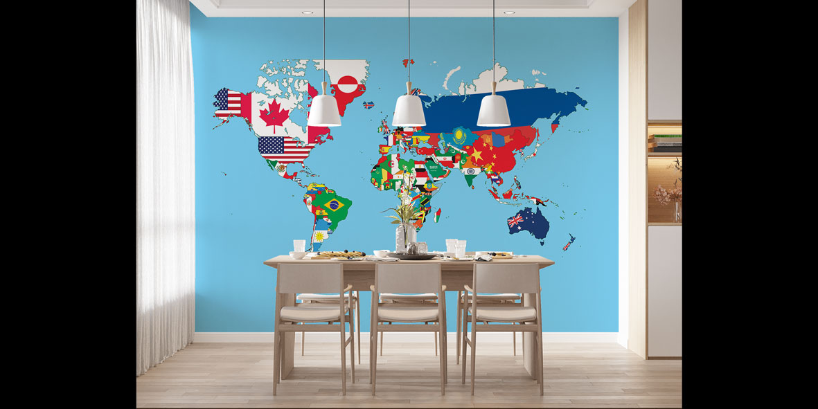 Bayrak Desenli Dünya Haritası Harita Sanatı Duvar Kağıdı 5138