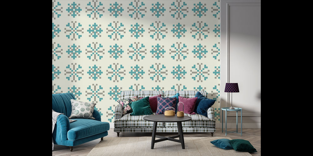 Turkuaz Gri Kar Tanesi Motifli Desen Sanatı Duvar Kaplaması 5170