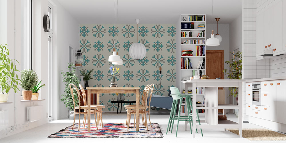 Turkuaz Gri Kar Tanesi Motifli Desen Sanatı Duvar Kaplaması 5170