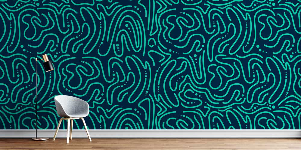 Turkuaz Organik Soyut Çizgili Desen Duvar Kağıdı 5189