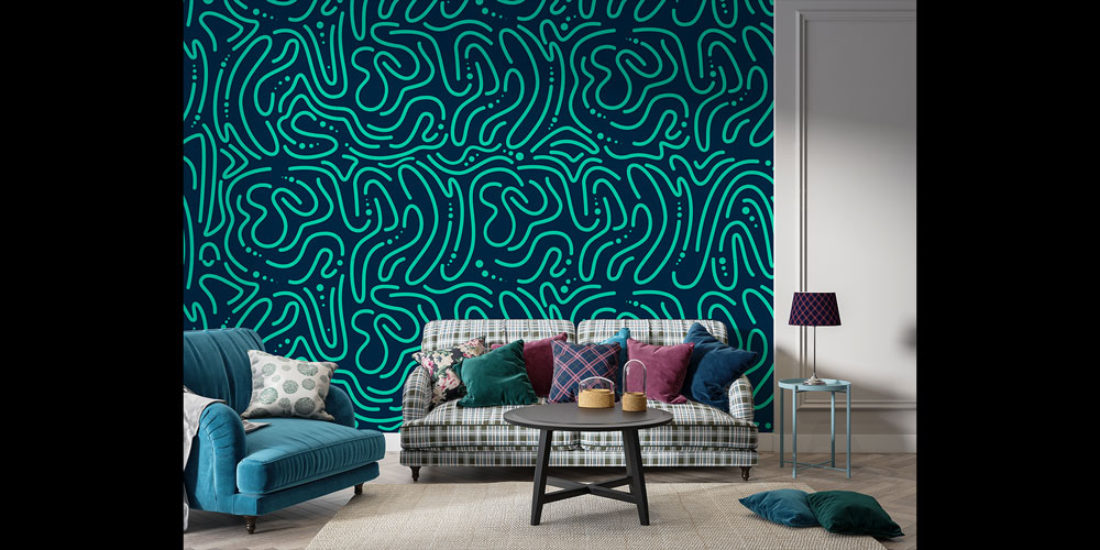 Turkuaz Organik Soyut Çizgili Desen Duvar Kağıdı 5189