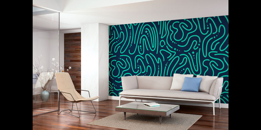 Turkuaz Organik Soyut Çizgili Desen Duvar Kağıdı 5189