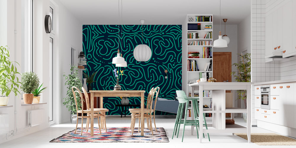Turkuaz Organik Soyut Çizgili Desen Duvar Kağıdı 5189