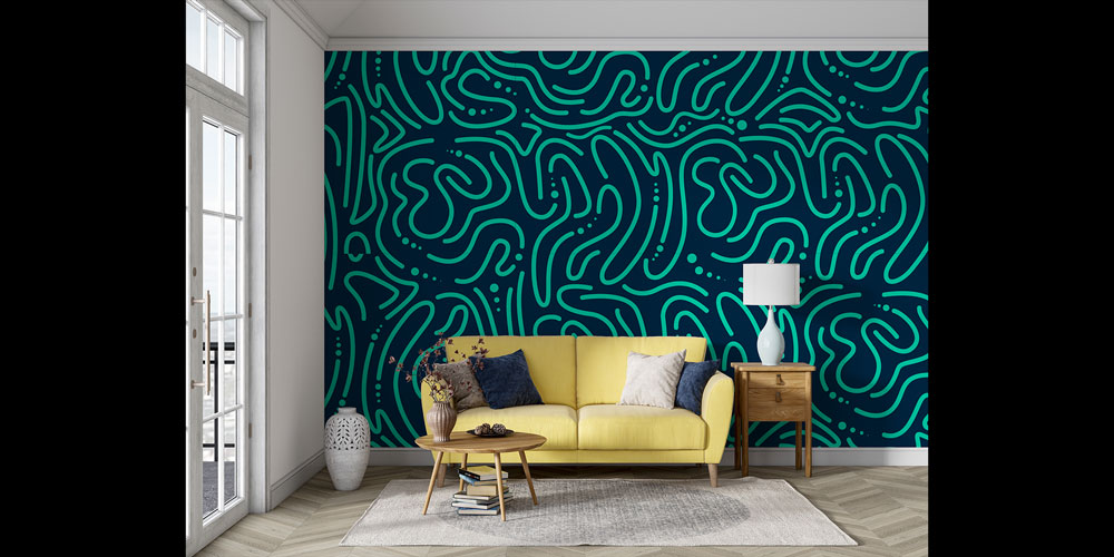 Turkuaz Organik Soyut Çizgili Desen Duvar Kağıdı 5189
