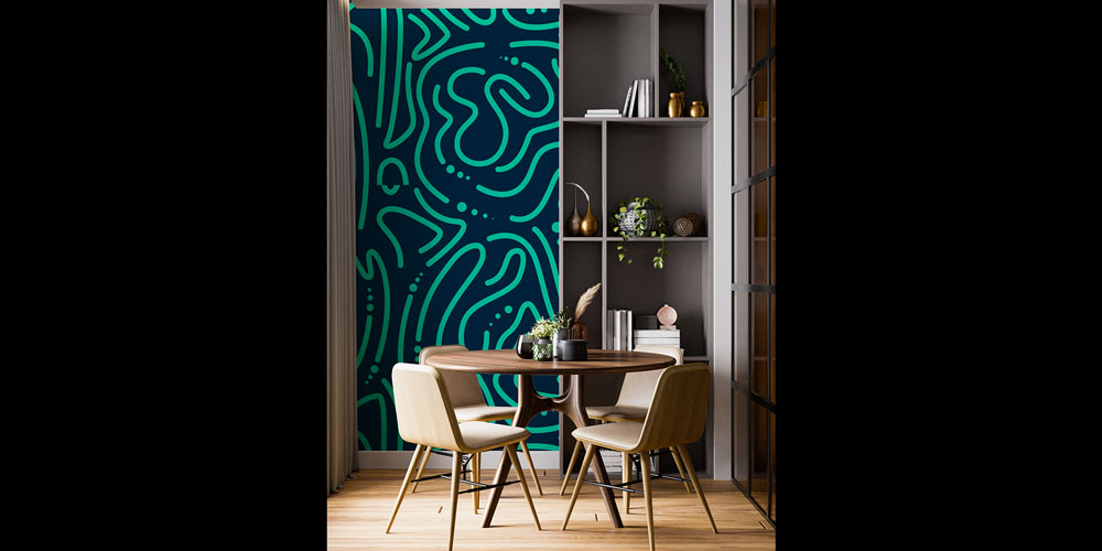 Turkuaz Organik Soyut Çizgili Desen Duvar Kağıdı 5189