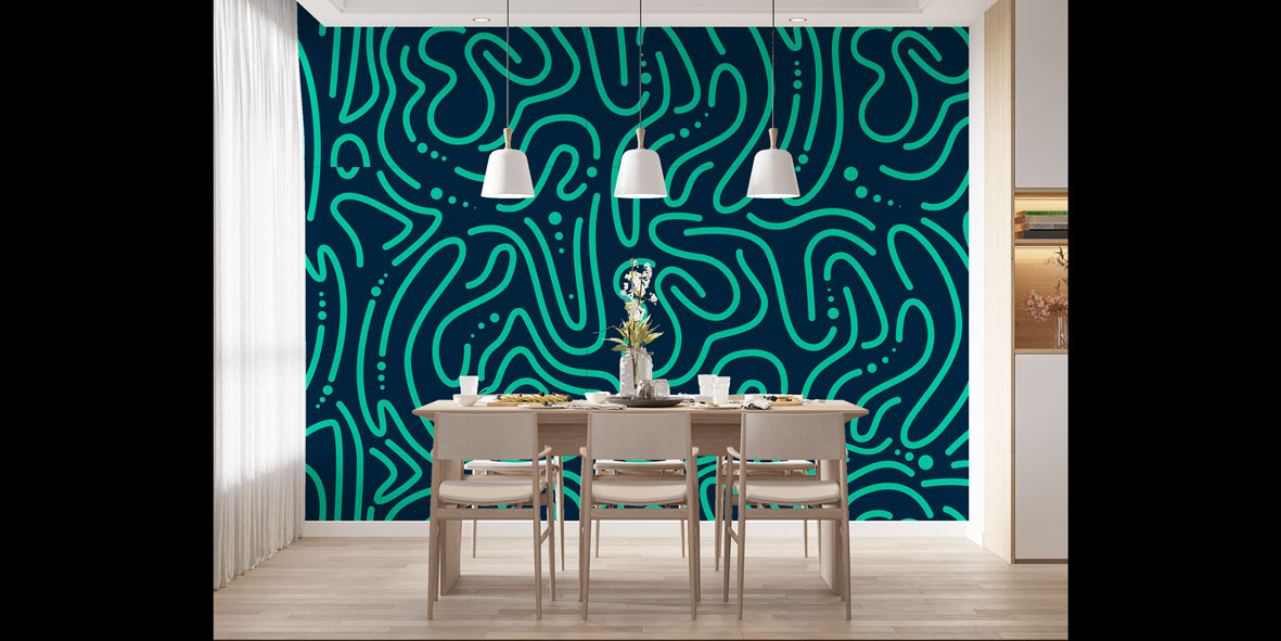 Turkuaz Organik Soyut Çizgili Desen Duvar Kağıdı 5189